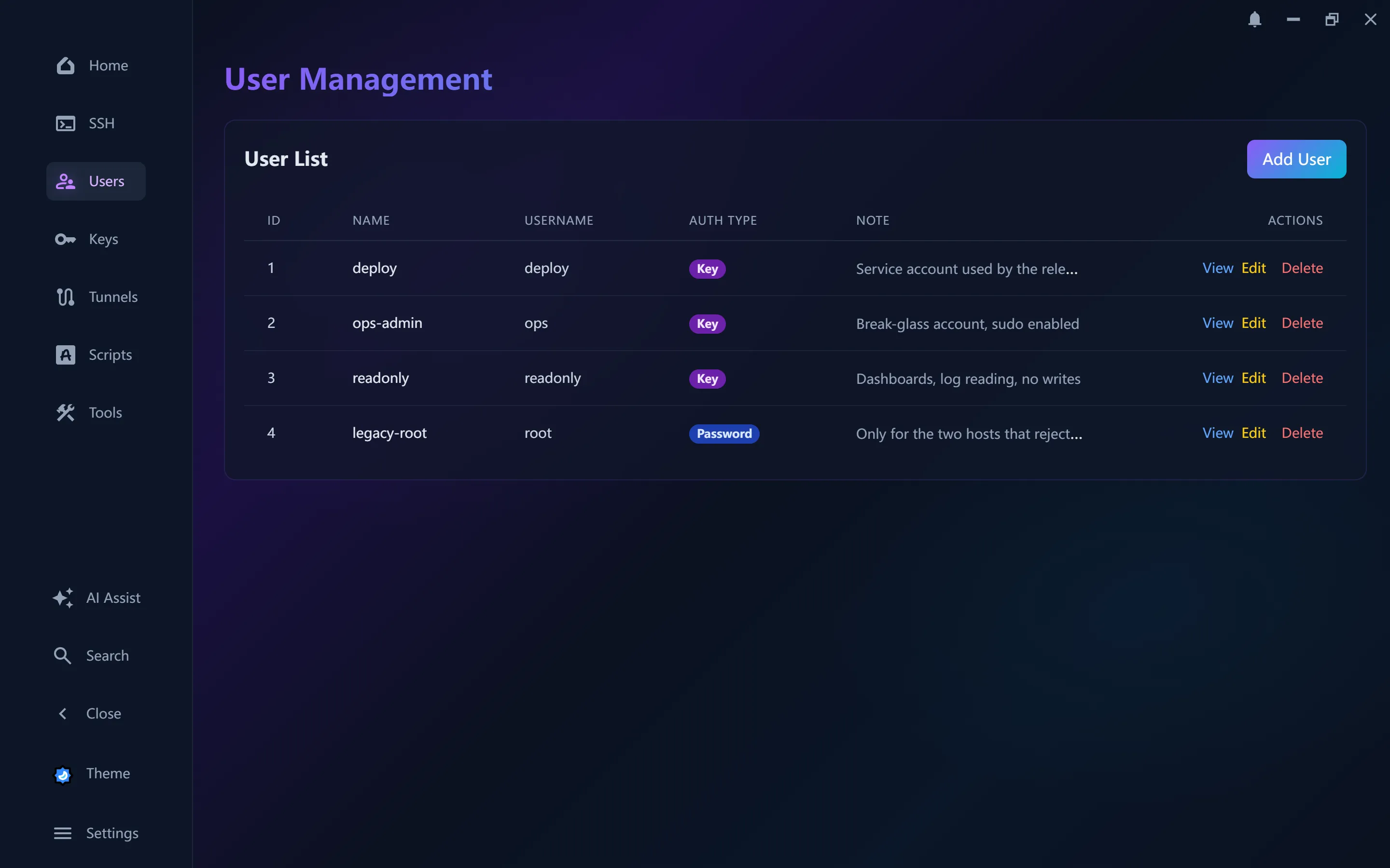 STS user accounts screen