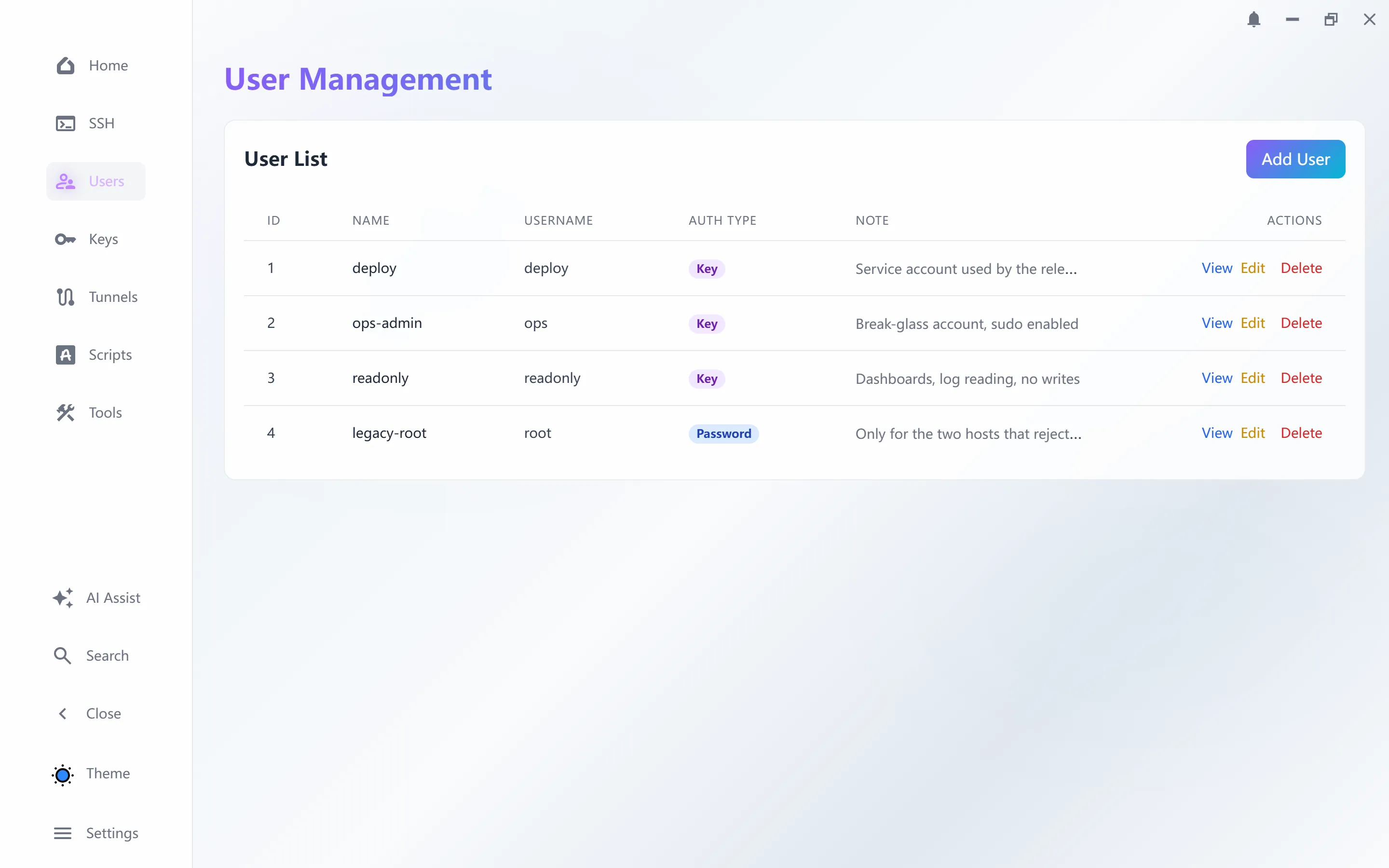 STS user accounts screen